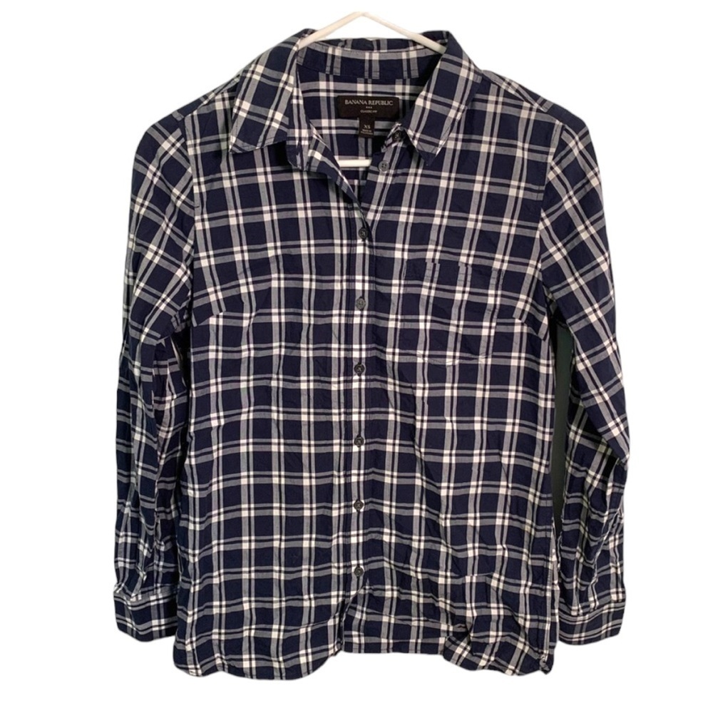 Banana Republic Womens Size XS Classic Button Down Shirt Blue White Plaid Cotton